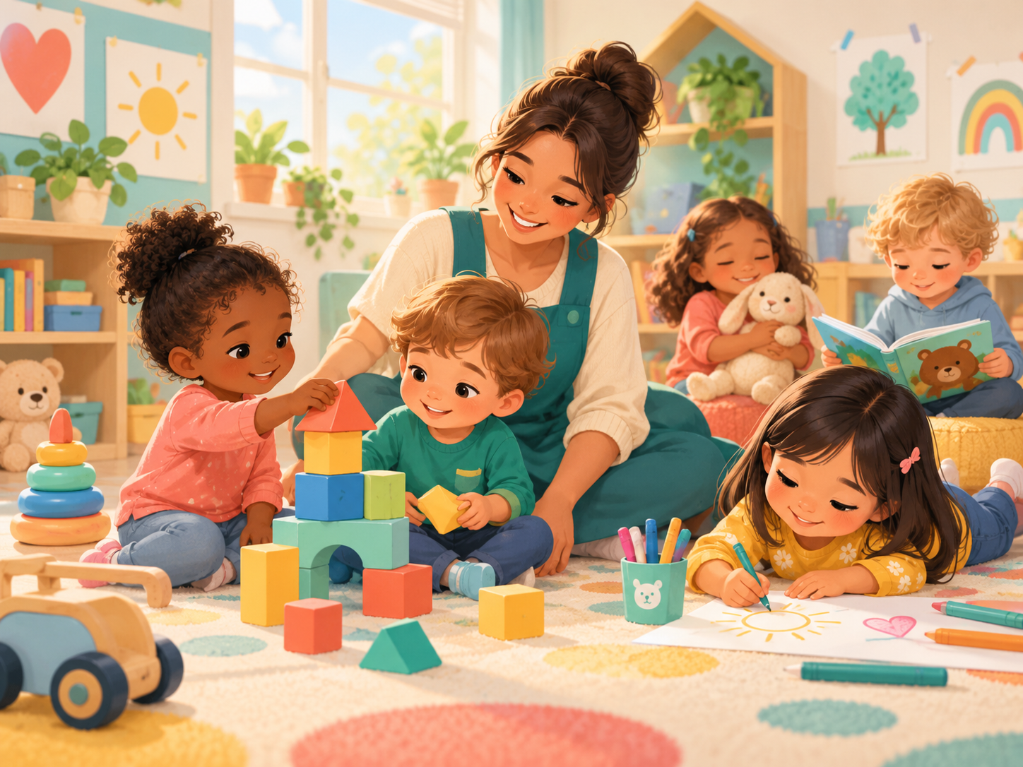 Ilustração acolhedora de uma creche com educadora e crianças brincando
